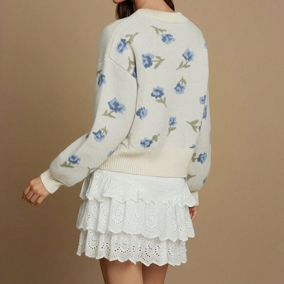 Apricot Chic Women's Floral Jacquard Crew Neck Loose Knit Sweater - Picture 2 of 6